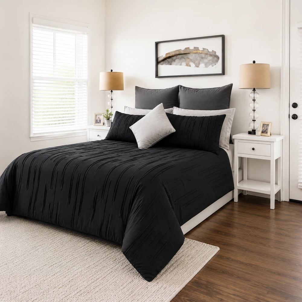 Pierre Cardin Trufted Stripe Duvet Cover in black with tufted stripe texture and coordinating pillow shams for a modern