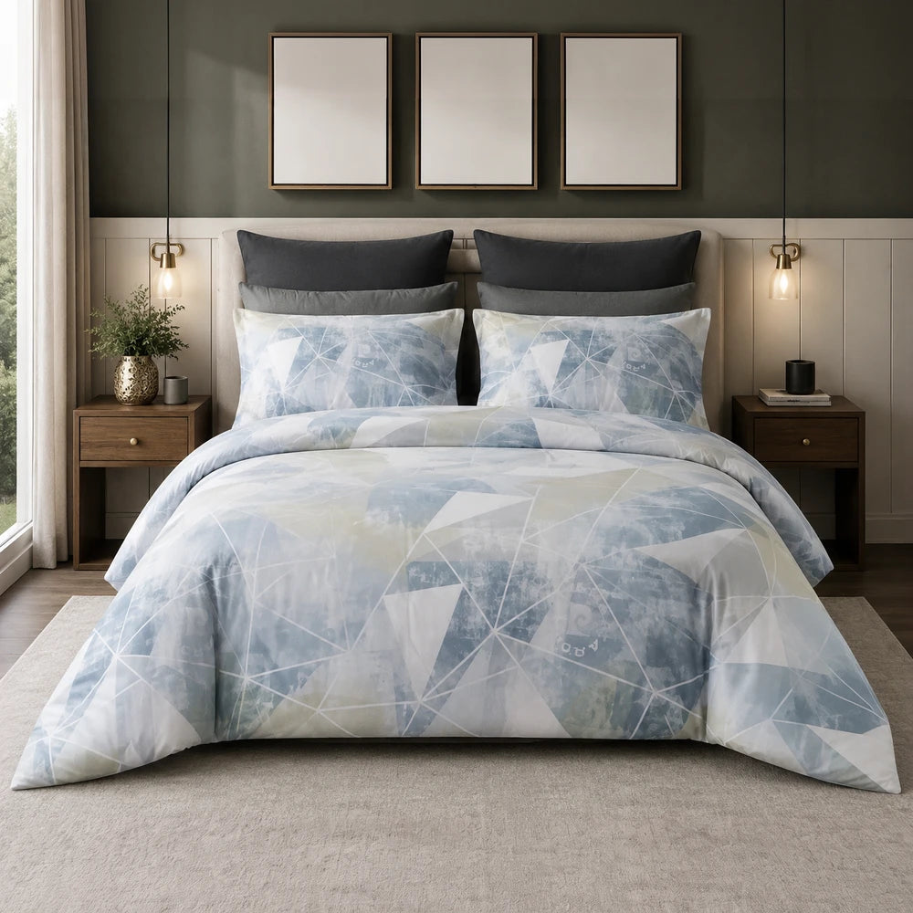 Pierre Cardin Vogue Duvet Cover Set Anden Geo in light blue with geometric pattern and coordinating pillow cases.