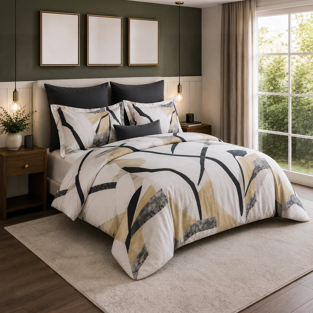 Pierre Cardin Vogue Duvet Cover Set - Artisan Leaf with abstract geometric pattern in cream, black, and gold.