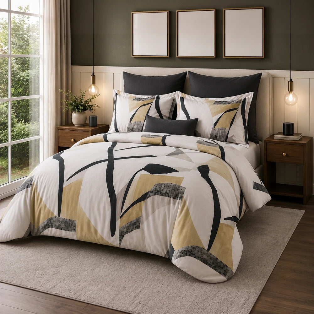 Pierre Cardin Vogue Duvet Cover Set - Artisan Leaf with beige, black and gold geometric leaf pattern on a white background.