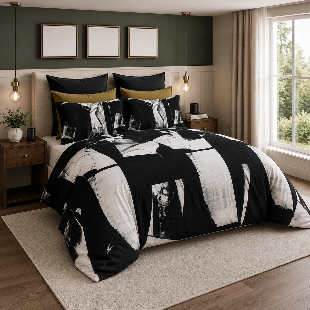 Pierre Cardin Vogue Duvet Cover Set featuring a bold black and white abstract pattern with coordinating black and mustard