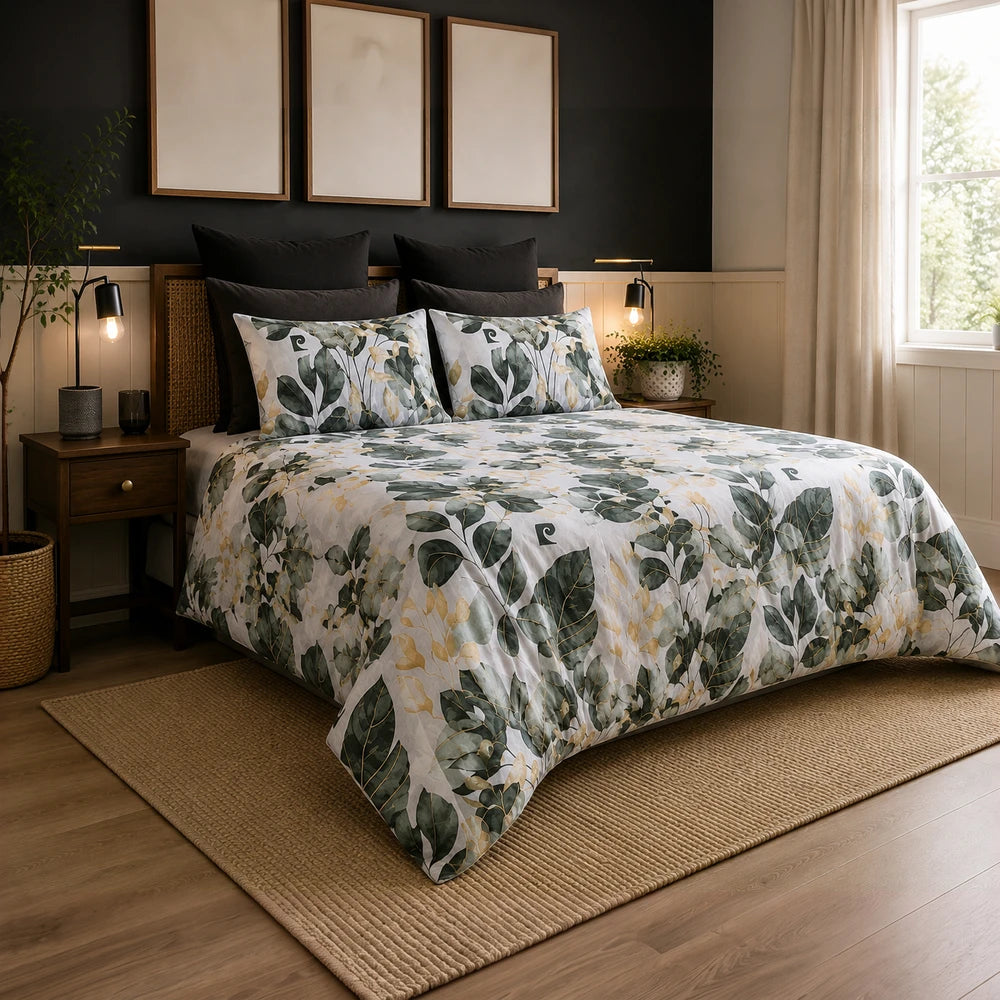 Pierre Cardin Vogue Duvet Cover Set - Luella Leaves botanical pattern with green and yellow leaves on white background.