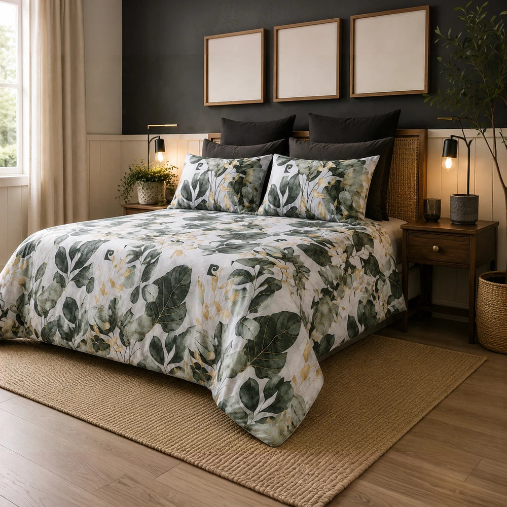 Pierre Cardin Vogue Duvet Cover Set Luella Leaves in green leaf print on white, with matching pillow shams for a botanical