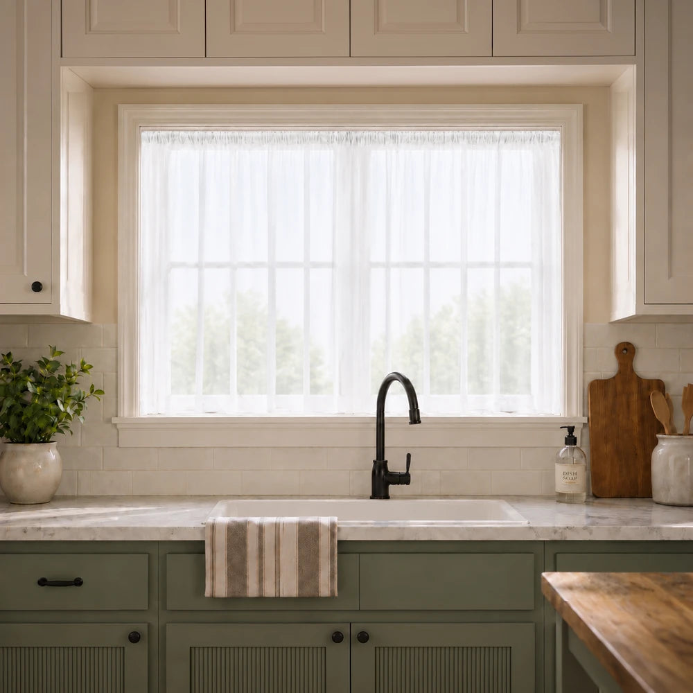 Plain Voile Taped Curtain 250 x 120cm in white sheer fabric, with a taped header, hung over a kitchen window