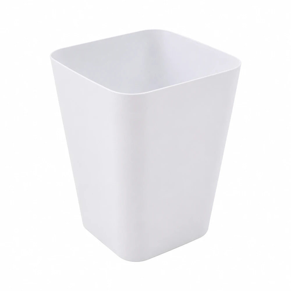White plastic square dustbin with rounded corners, compact waste bin for home or office use, lightweight.