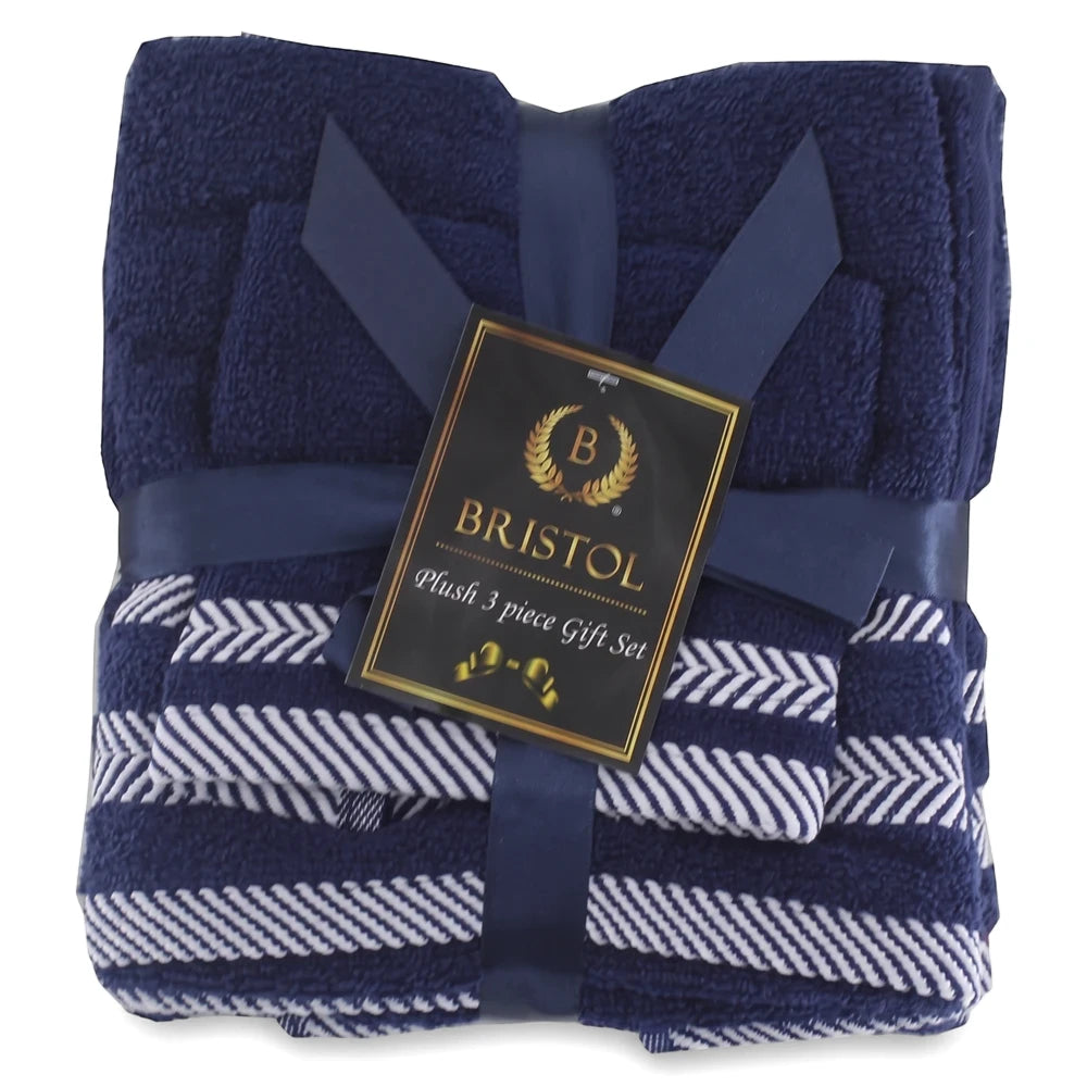 Navy blue and white striped plush 3-piece towel set with a decorative ribbon and Bristol gift tag.