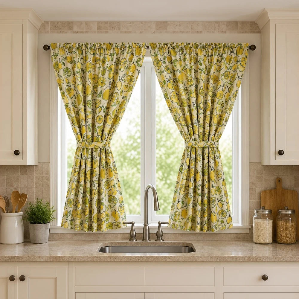 2-Piece Polycafe kitchen curtain set with tiebacks in yellow lemon print for a bright, sunny kitchen window.