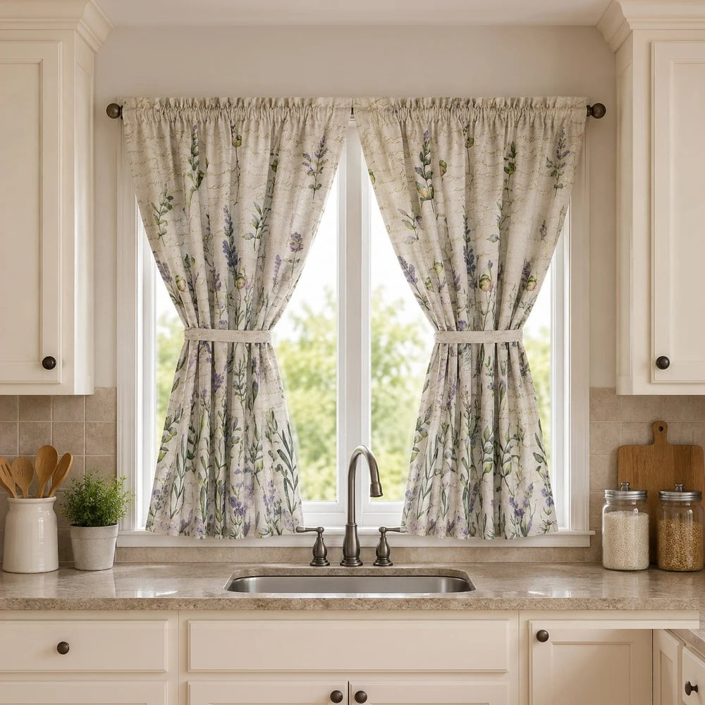 2-Piece Polycafe kitchen curtain set with tiebacks in a cream floral lavender and green botanical pattern for a bright, cozy