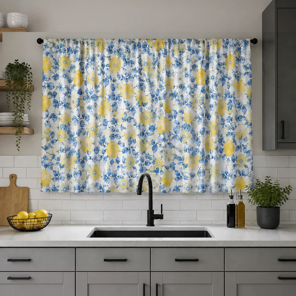 2-Piece Polycafe Kitchen Curtain Set with Tiebacks featuring yellow lemon and blue floral pattern for the kitchen window