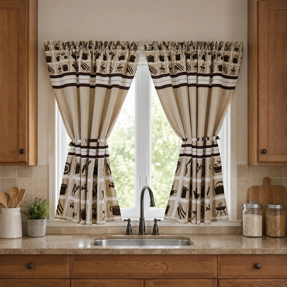 2-Piece Polycafe Kitchen Curtain Set with Tiebacks in beige with a brown coffee-themed print for kitchen window privacy and