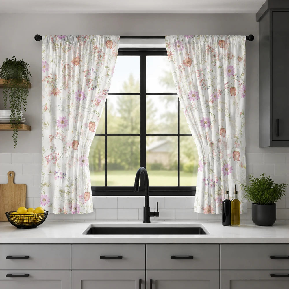 2-Piece Polycafe Kitchen Curtain Set with Tiebacks in white floral print for kitchen windows, light-filtering and easy-care