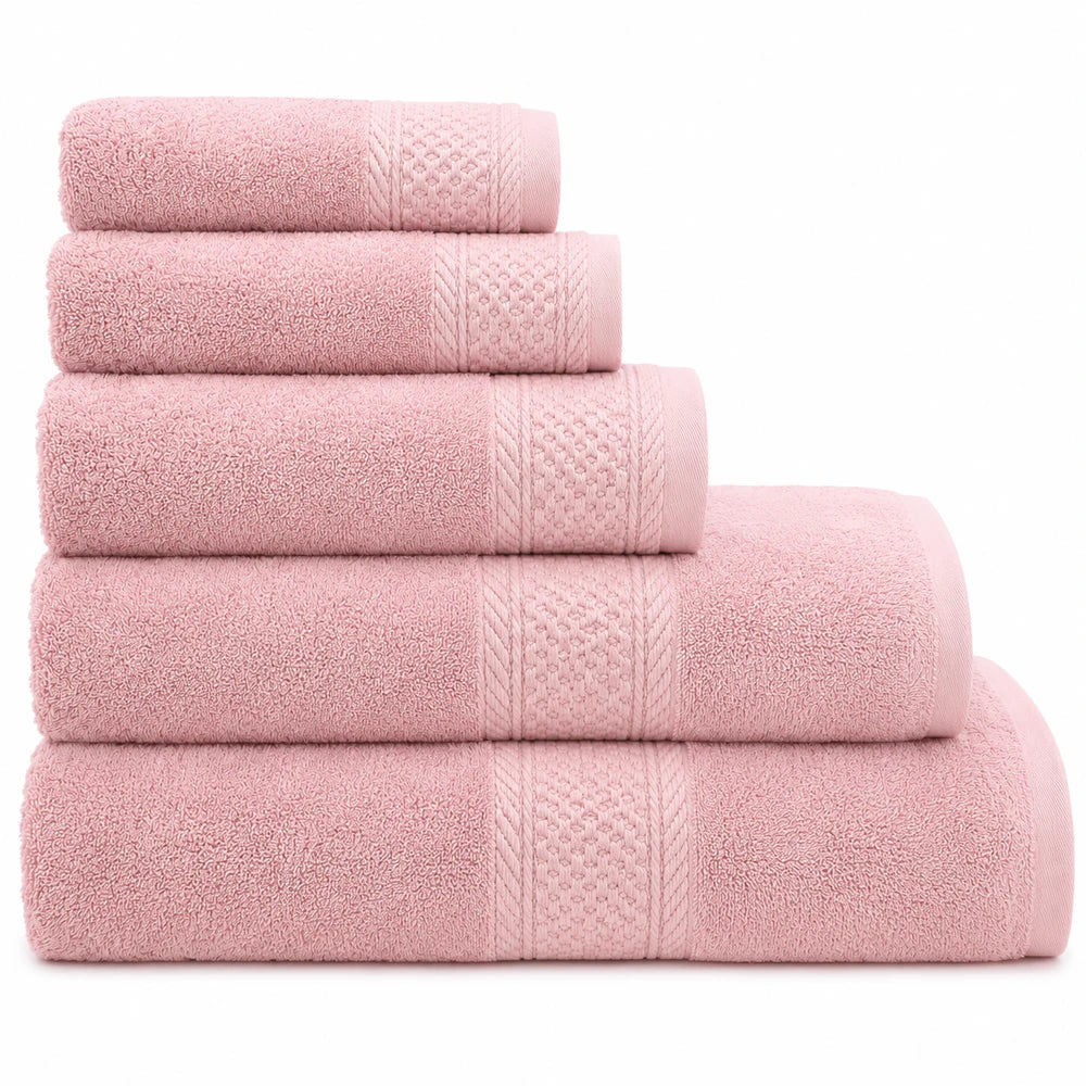 Premium 100% cotton towel in pink shown stacked, 450GSM, featuring plush loops and a decorative woven band for a soft,