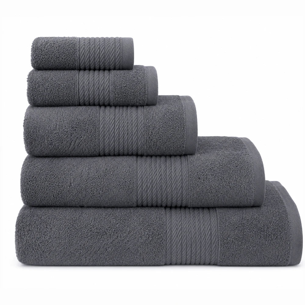 Premium 100% cotton towels in charcoal gray, 450GSM, stacked to show bath, hand, and washcloth sizes.