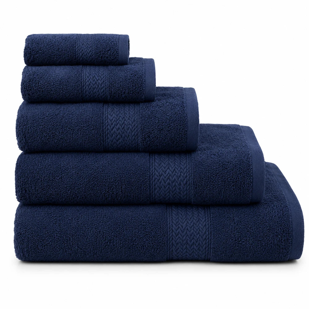 Premium 100% cotton towels in navy, 450GSM, plush bath towels stacked to show full set and texture