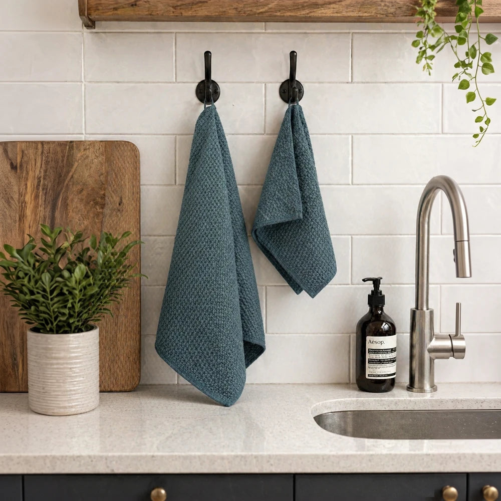 Premium multi-purpose microfiber cleaning cloths in blue, shown hanging in a kitchen for versatile cleaning tasks.
