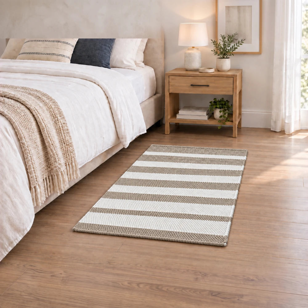 Premium Patta Chindi Rug in beige and white stripes, 50 x 80 cm, soft woven texture suitable for bedroom decor