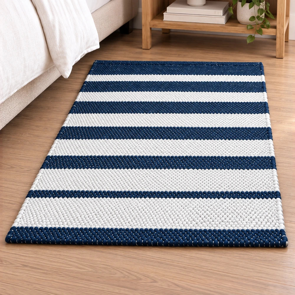 Premium Patta Chindi Rug in navy and white stripes, handwoven textile for living room decor, 50 x 80 cm.