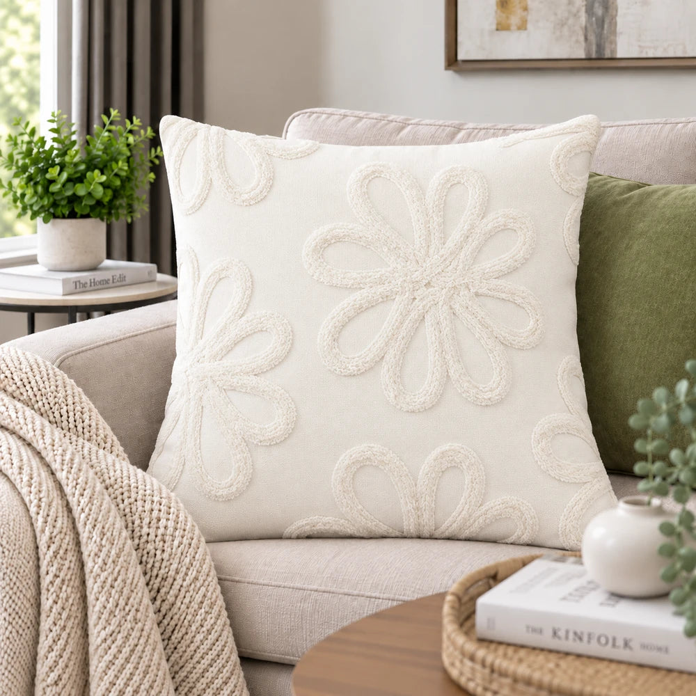 Premium polycotton scatter cushion cover in cream with raised floral embroidery, a decorative pillow for living room styling.