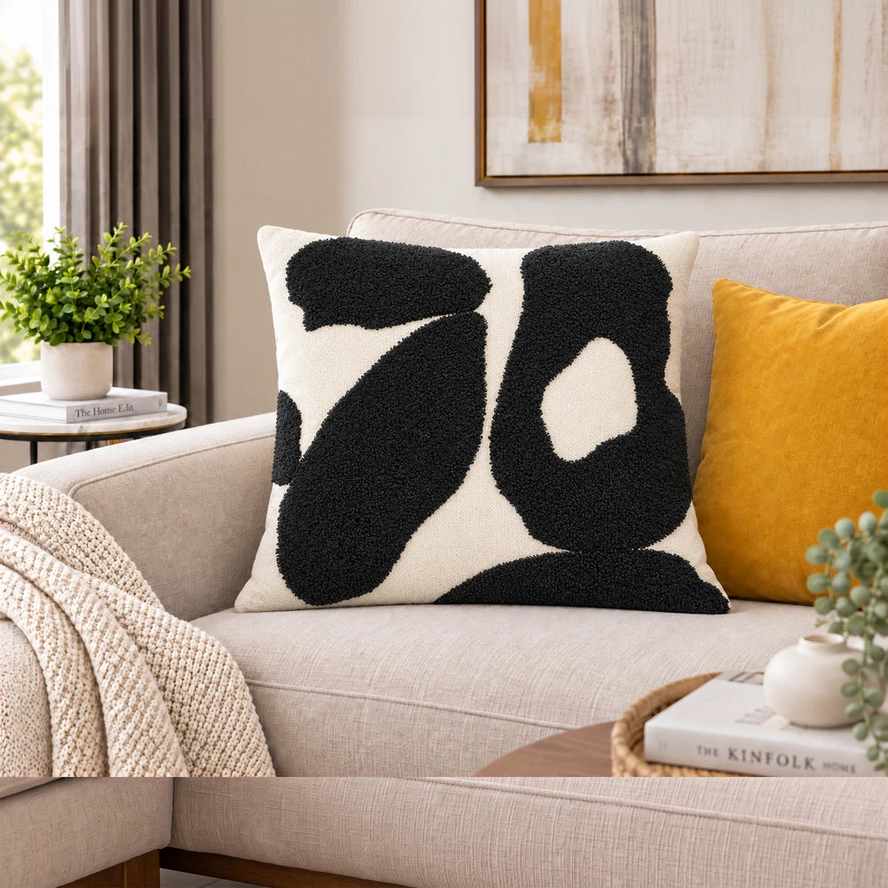 Premium polycotton scatter cushion cover with a bold black abstract pattern on beige fabric for living room decor and soft