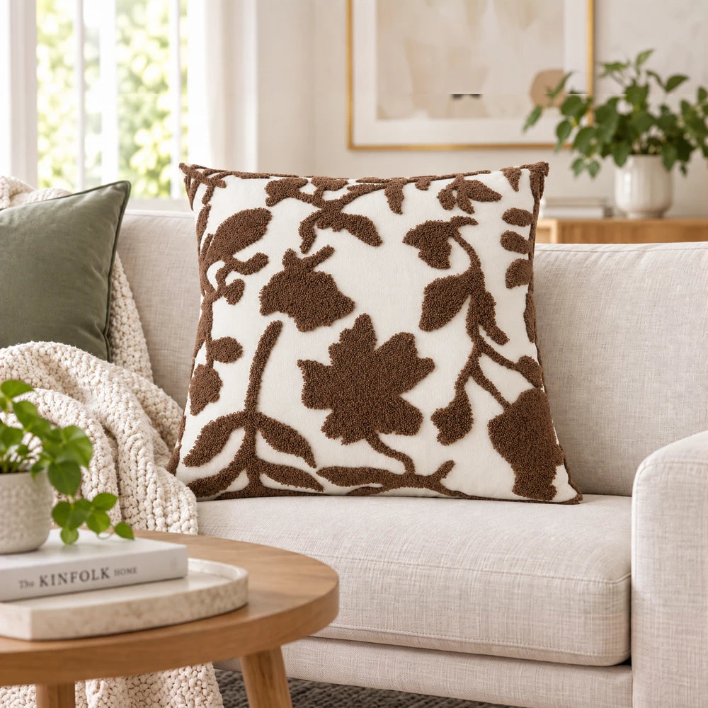 Premium polycotton scatter cushion cover with brown floral tufted pattern on white, decorative sofa pillow for living room
