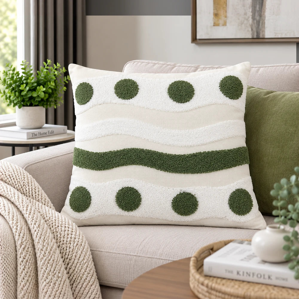 Premium polycotton scatter cushion cover in cream with green circular tufted accents for stylish living room decor.