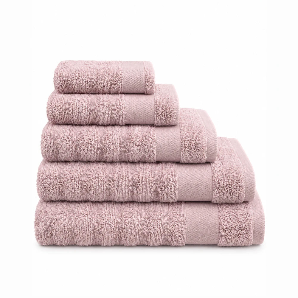 Premium ribbed zero twist cotton towels in pink, 500GSM, soft absorbent bath towel set with plush texture