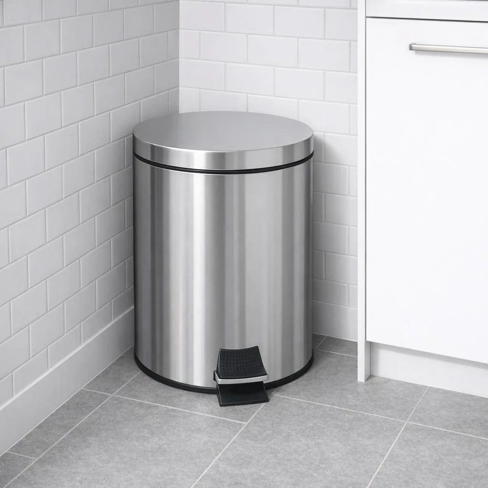 Premium stainless steel 5L step pedal bin with a smooth cylindrical body and foot pedal for hands-free waste disposal in