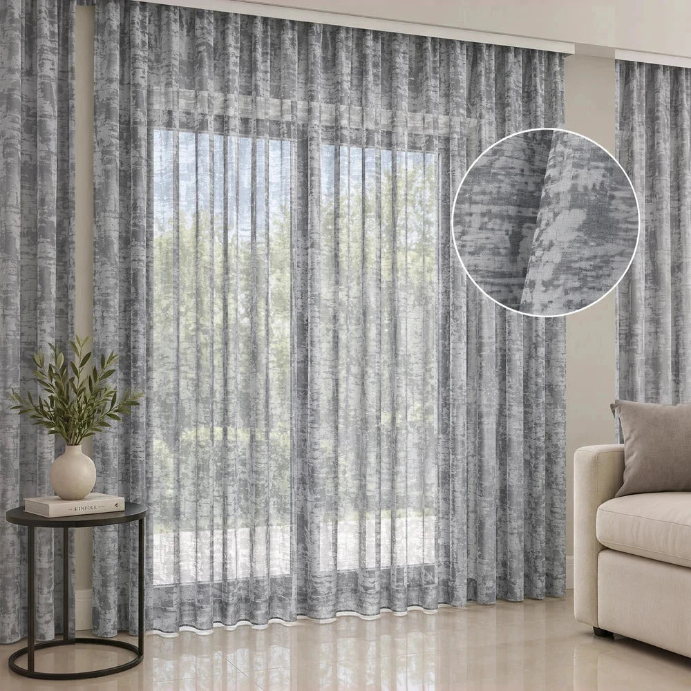 Premium Textured Semi-Sheer Unlined Taped Curtain in gray with a subtle pattern for soft diffused light.