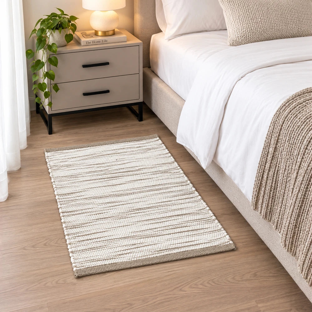 Premium Tie-Dye Chindi Rug 50 x 80cm in cream beige with striped textured surface for bedroom flooring