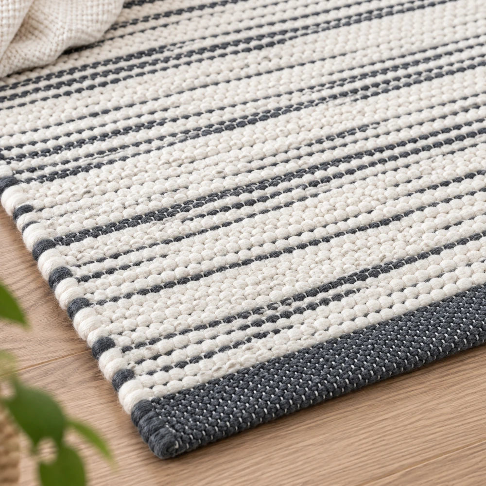 Premium Tie-Dye Chindi Rug in cream with navy stripes, 50 x 80 cm, textured cotton weave.