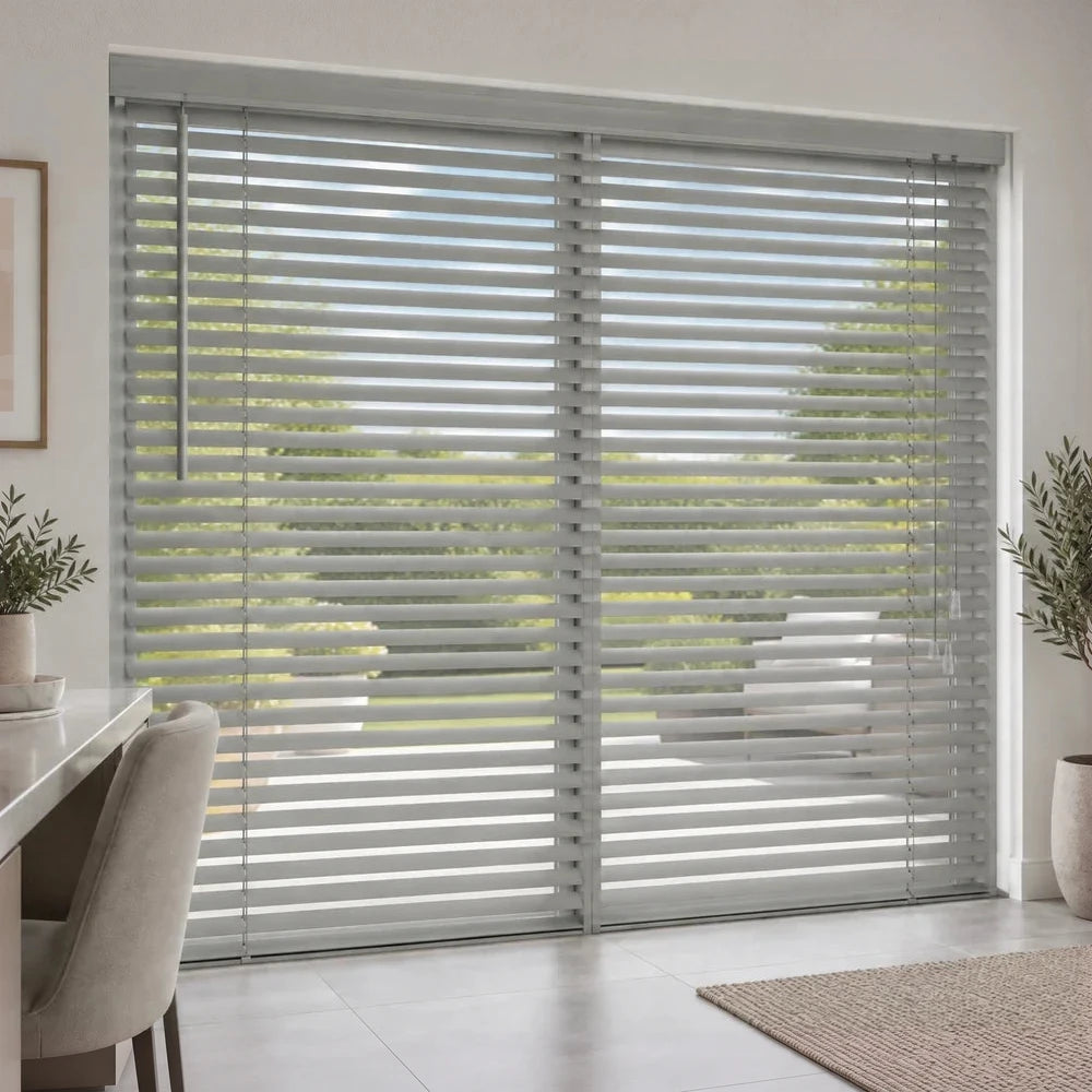 PVC blinds in light gray with horizontal slats, durable PVC window coverings for indoor use