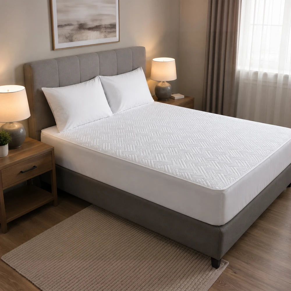 Quilted Mattress Protector on a neatly made bed, featuring white quilted fabric for soft, breathable protection.