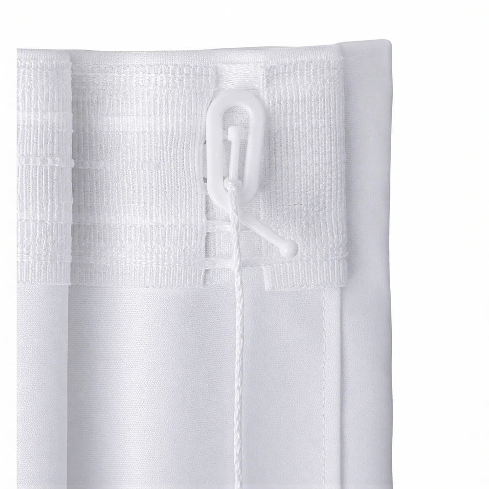 R6 Curtain Hooks in white plastic, shown with header tape and pull-cord for hanging lightweight curtains.