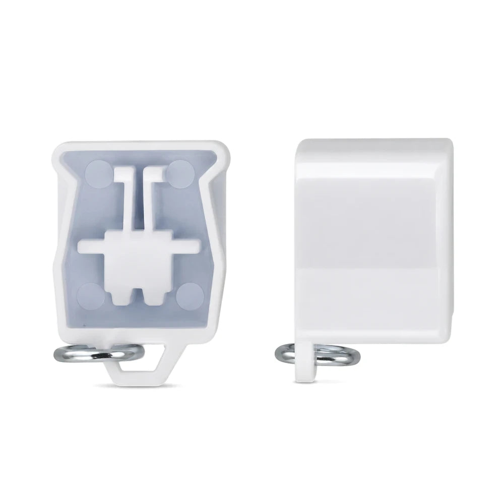 Pair of white plastic Racer Track End Caps for curtain rods, featuring integrated metal rings for attachment, shown on a