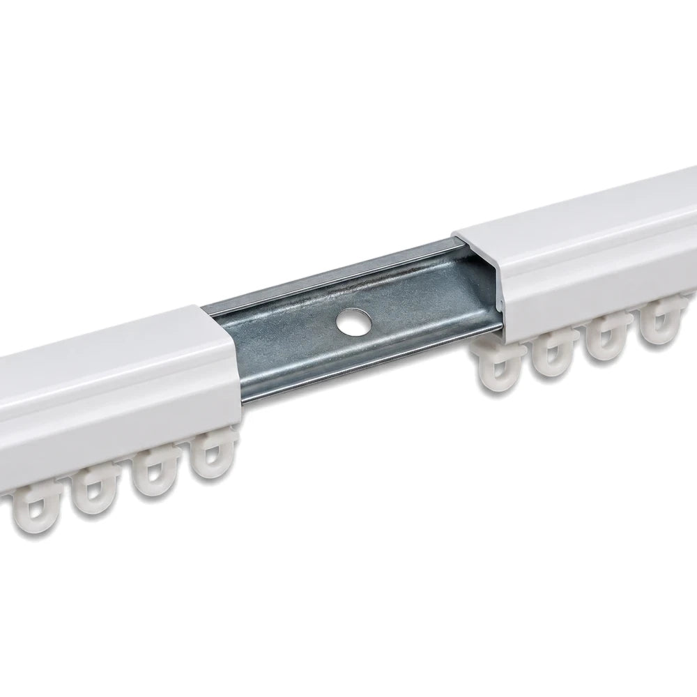 Close-up of a white plastic Racer Track Rail Joiner, showing the internal metal channel and multiple hooks for curtains.
