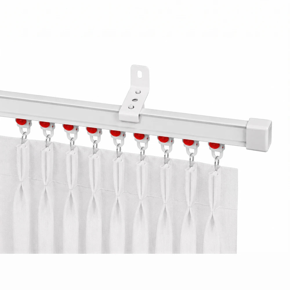 Racer Track Single Wall Bracket Pair in white metal finish, shown mounting a curtain track with red clips and white curtains.
