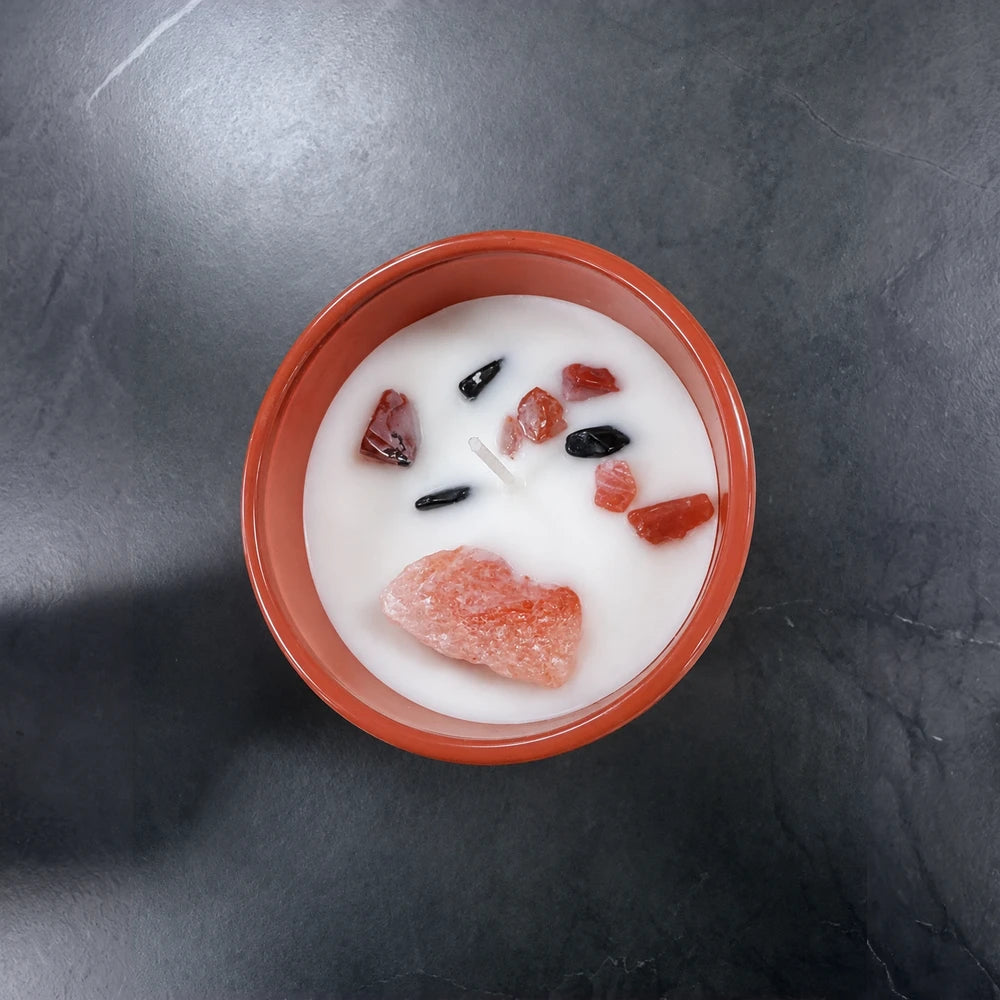 Scented Candles Natural Fragrance 320g in a red container with white wax and crystal accents.
