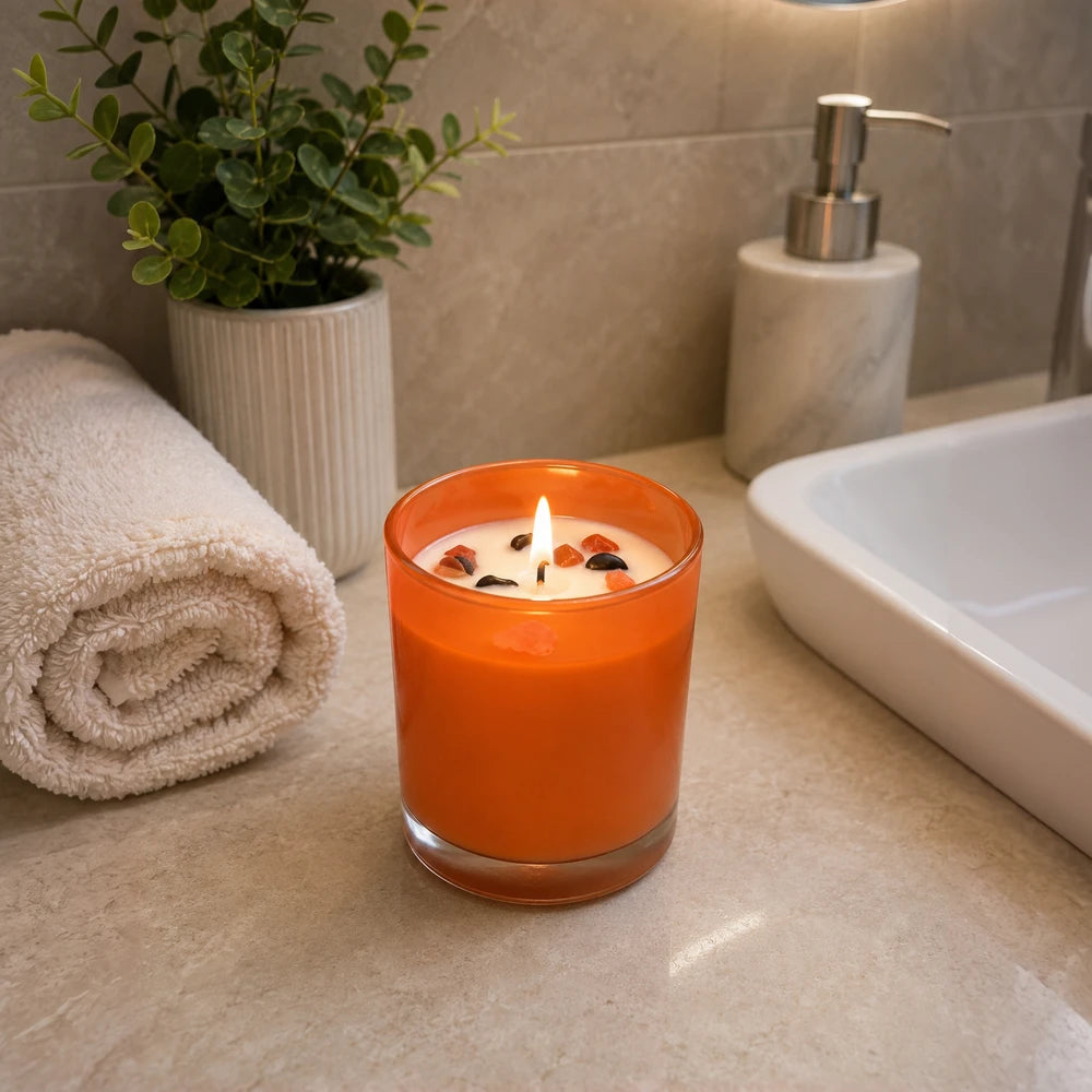 Scented Candles Natural Fragrance 320g in orange glass with decorative stones and a flickering wick