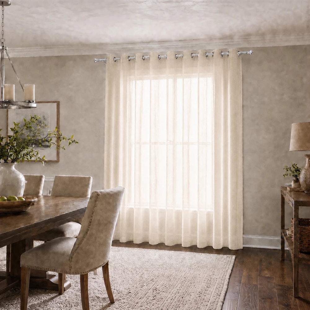 Sheer voile ready-to-hang eyelet curtain in beige, 225 x 225cm, lightweight translucent fabric with natural drape