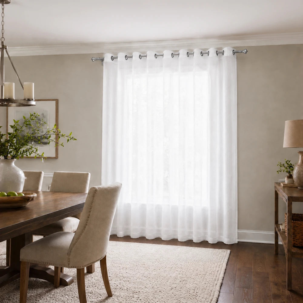 Sheer voile ready-to-hang eyelet curtain in white, 225 x 225 cm, soft translucent fabric.