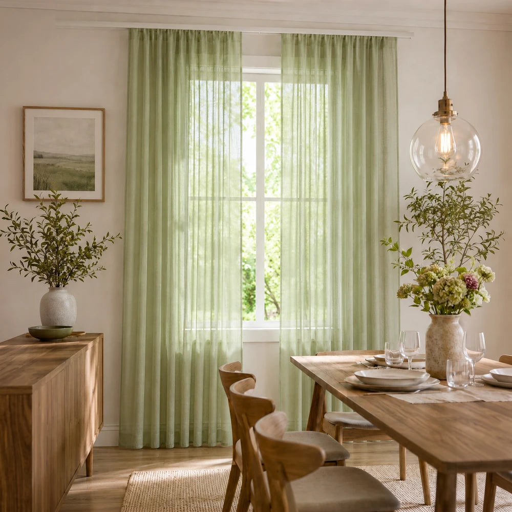 Sheer Voile Taped Curtain in soft green, 290 x 218 cm, lightweight translucent fabric for diffused daylight