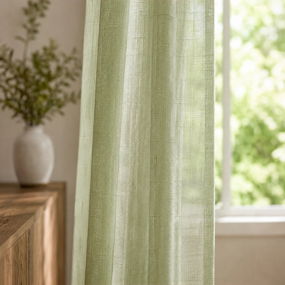Sheer voile taped curtain in pale green, 290 x 218 cm, lightweight translucent fabric for diffused natural light.