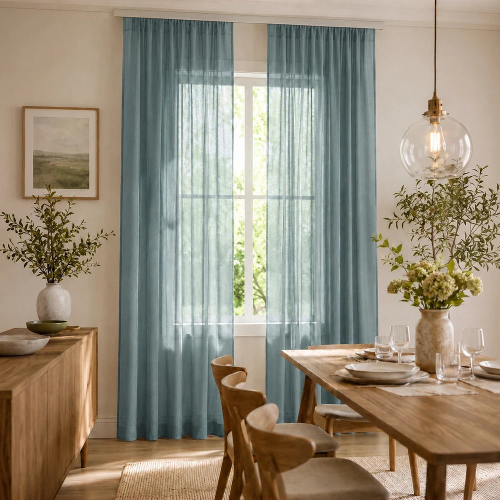 Teal blue sheer voile taped curtain, 290 x 218cm, lightweight translucent drape that softens sunlight