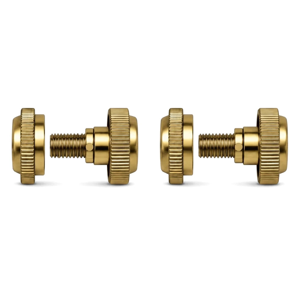 Two disassembled Simplifit brass thumb screws with knurled heads and threaded bolts displayed on a white background.