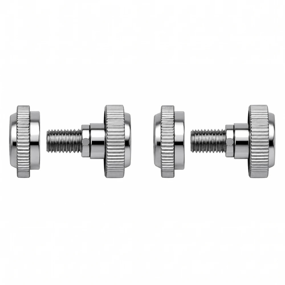 Simplifit chrome metal tightening knobs with knurled edges and threaded bolts, pair shown side by side.