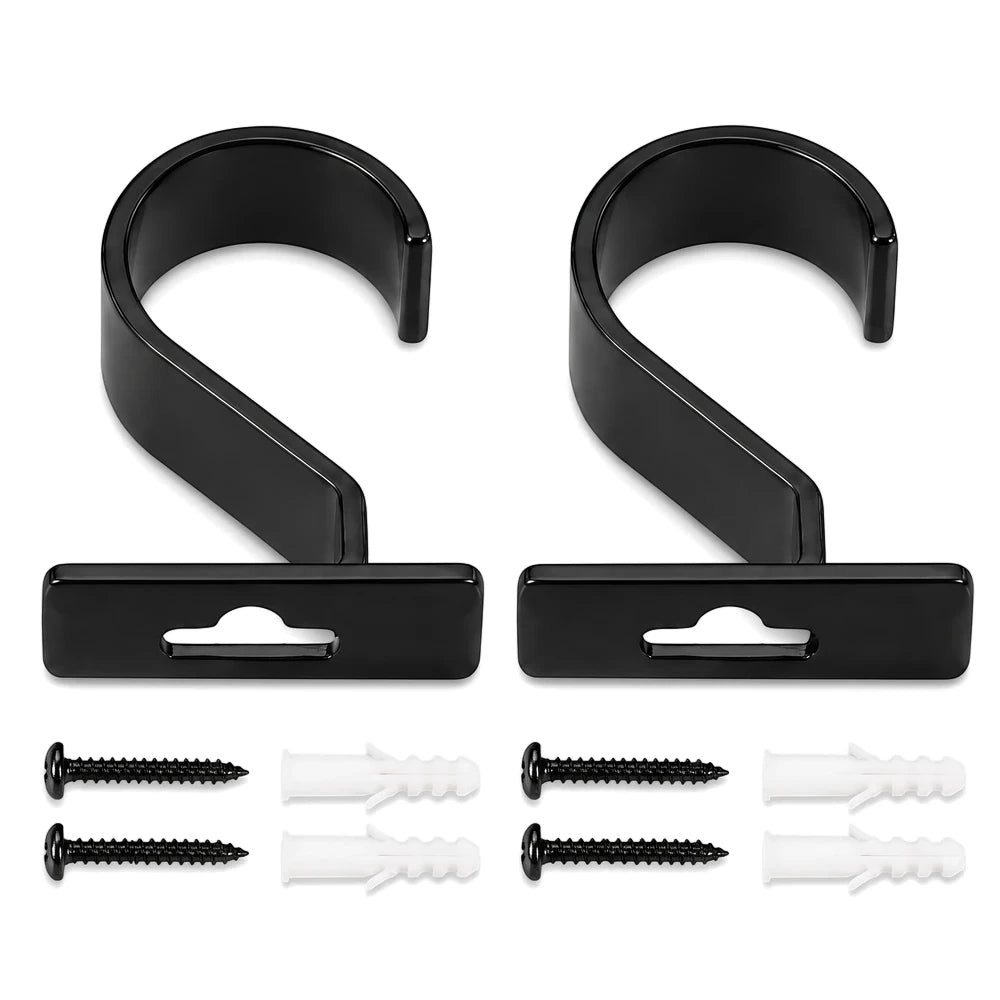 Set of two black metal S-hooks with flat mounting plates, including black screws and white wall anchors for installation.