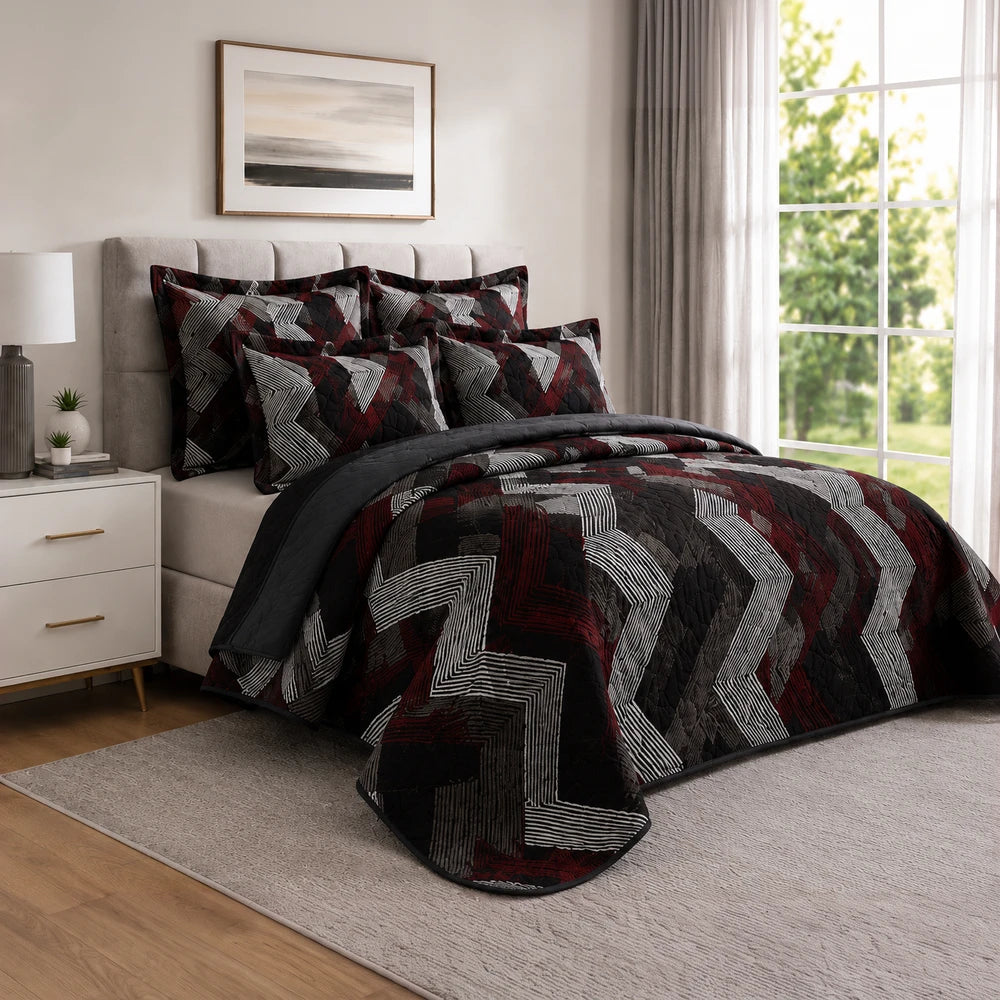 5PC Tela Milano Printed Quilt Set in dark red, black, and gray with a geometric chevron pattern and matching shams for a