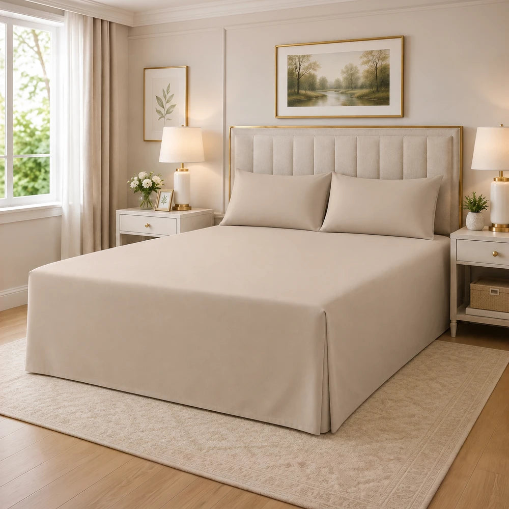 Tela Milano Easy Fit Combo bed in beige fabric with an upholstered headboard and matching beige bedding in a neutral bedroom