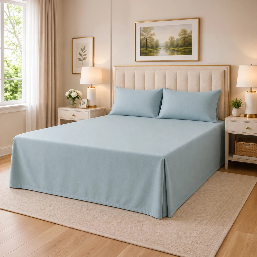 Tela Milano Easy Fit Combo blue bed sheet set on a neatly made bed with matching pillowcases for a calm, coordinated bedroom