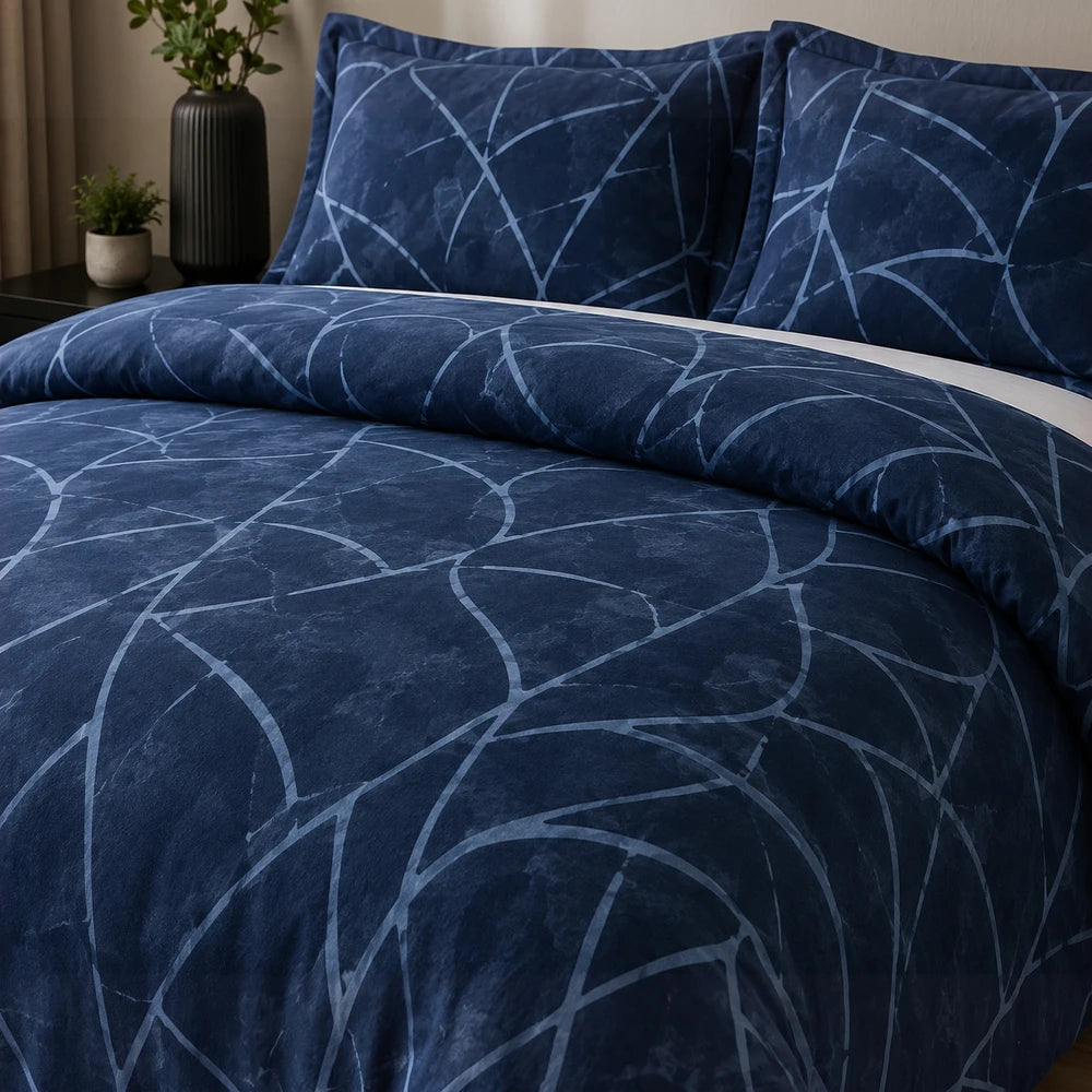 3PC Tela Milano Indep Comforter set in deep blue with abstract geometric pattern and plush feel